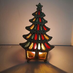 Vintage ‎ Tiffany Style Stained Glass Christmas Tree Candle Holder Cast Iron